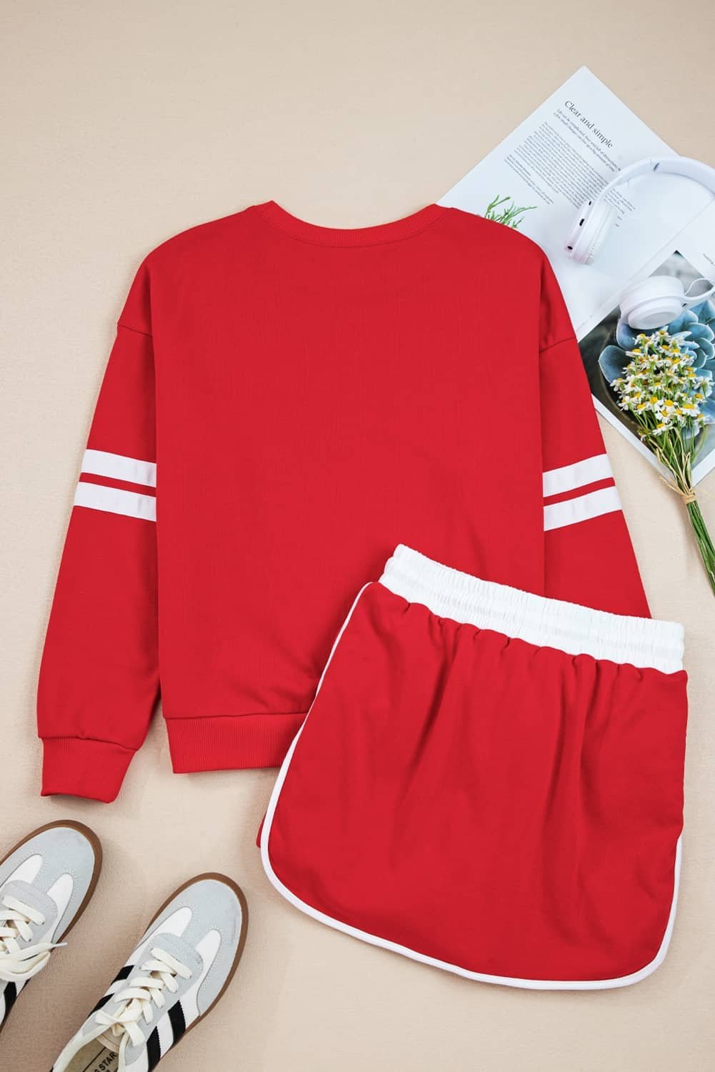 Fiery Red Varsity Stripe Detail Drop Shoulder Pullover Mini Skirt Set