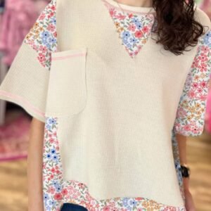 Beige Floral Patchwork Chest Pocket Wide Sleeve Waffle T Shirt