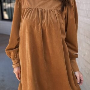 Desert Gold Corduroy Pleated Puff Sleeve Shift Short Dress
