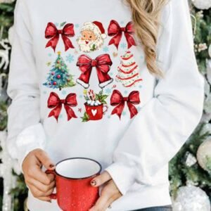 Beige Christmas Tree Bowknot Santa Clause Graphic Holiday Sweatshirt