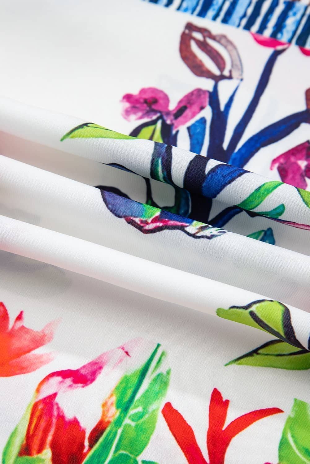 Pink Floral Striped Patchwork Short Sleeve Split Neck Blouse