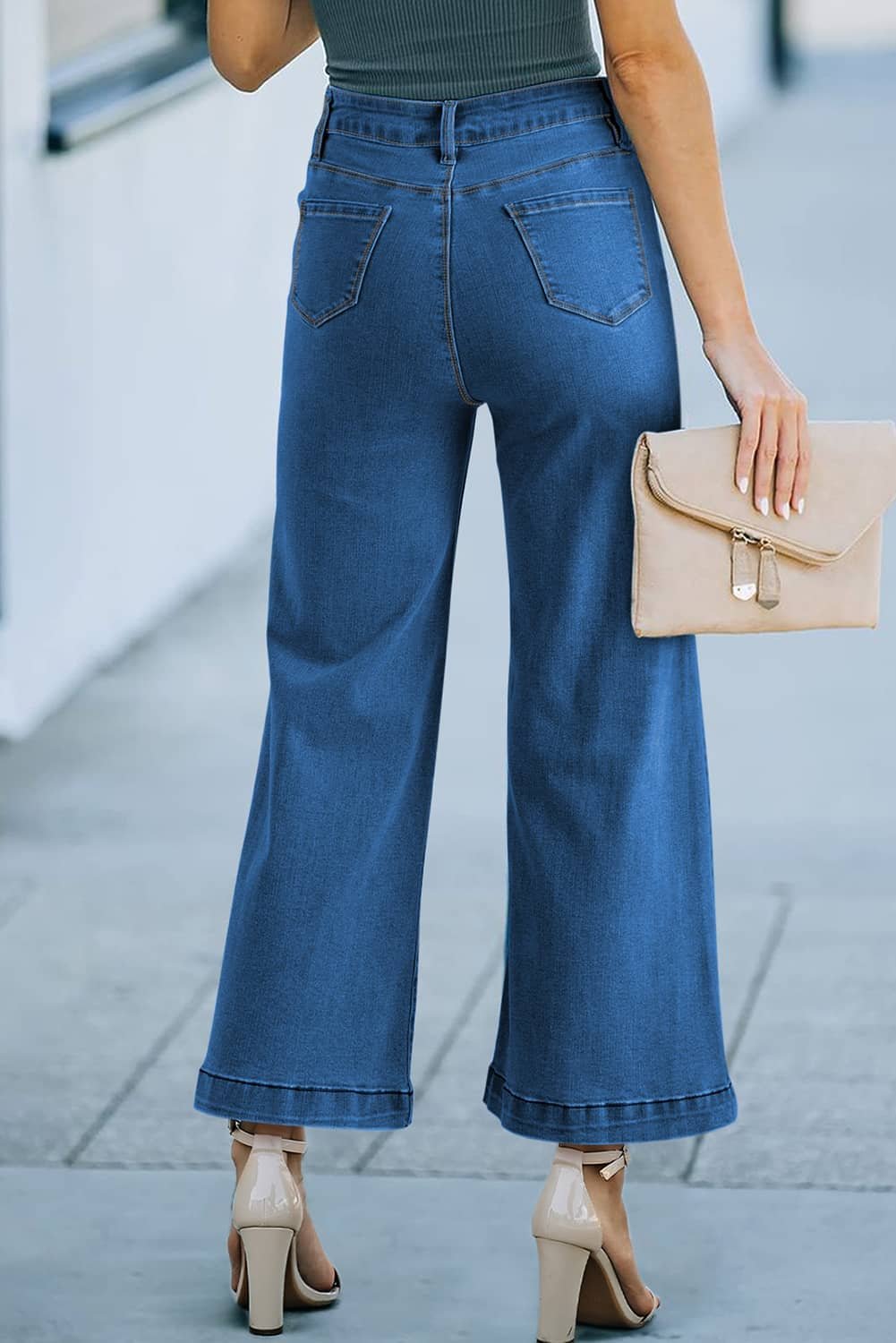 Dark Blue Plain Seam Detail Flared Bottom Ankle Length Jeans