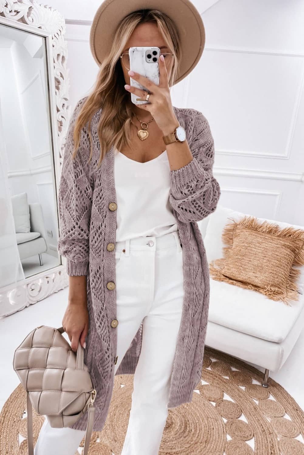 Purple Hollow-Out Openwork Knit Cardigan