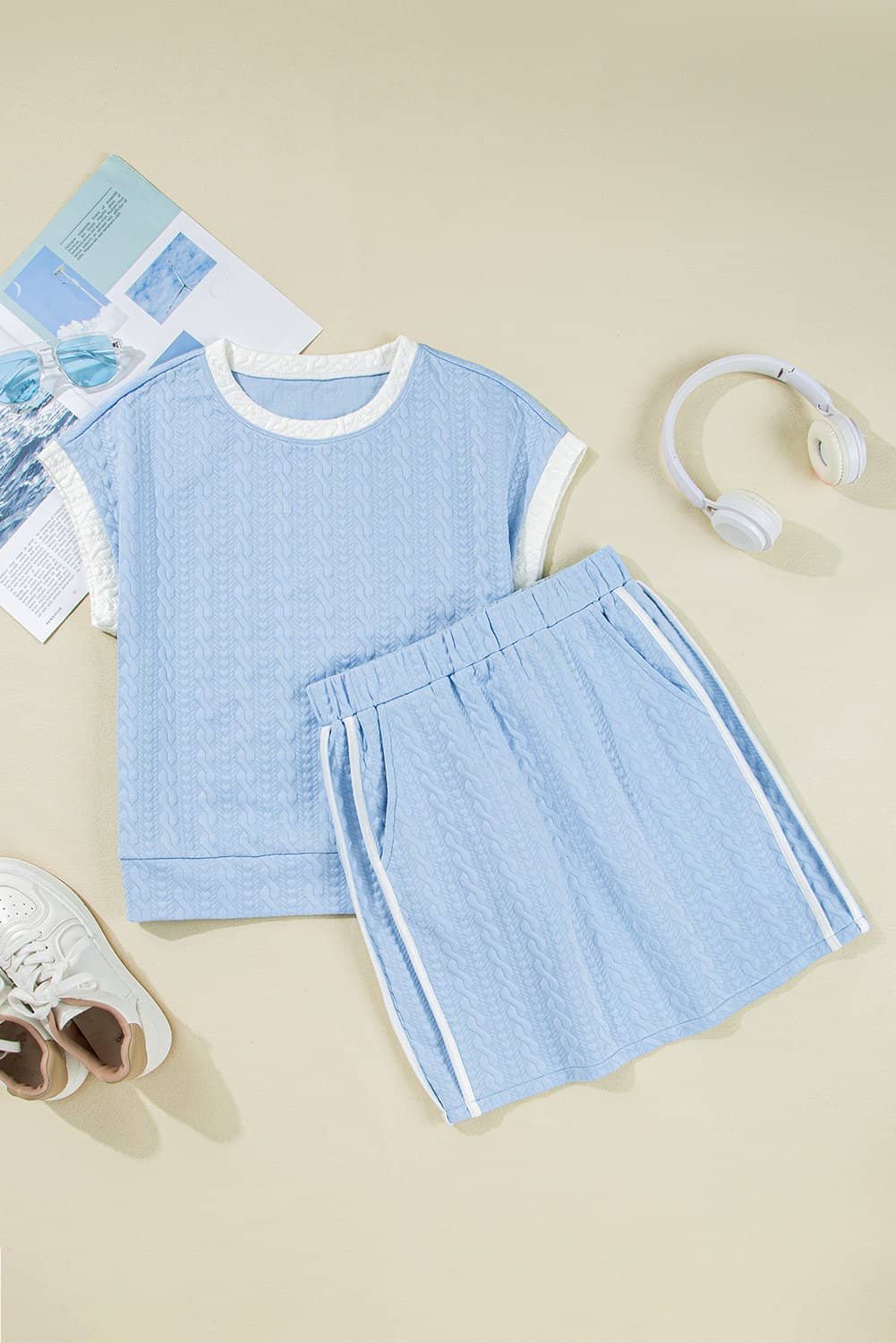 Beau Blue Contrast Trim Textured Crewneck Tee And Pocketed Skirt Set