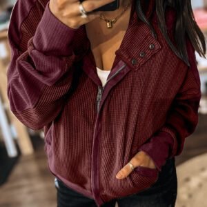 Burgundy Waffle Splicing Zip Up Front Button Hooded Jacket