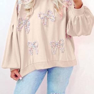 Parchment Embroidered Bow Lantern Sleeve Oversized Pullover Sweatshirt