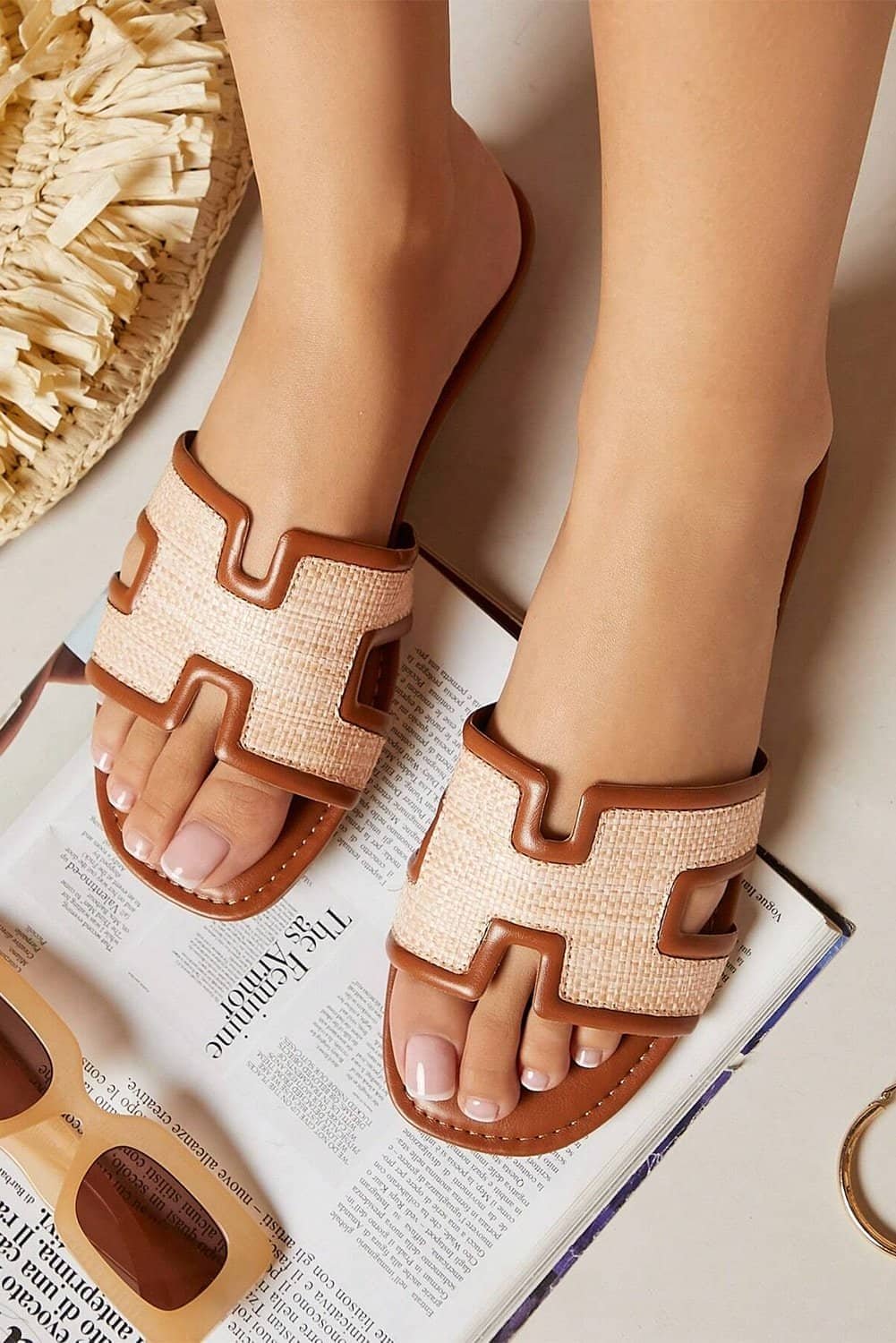 Coffee Faux Raffia Detail Hollowed Open Toe Slippers