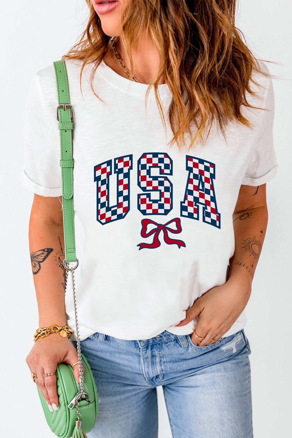 White Checkered Usa Graphic Casual Tee