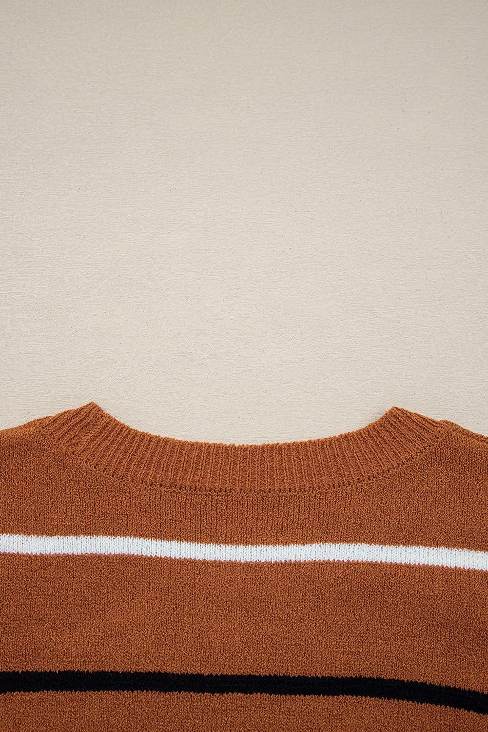 Brown Stripe Striped Ribbed Edge Drop Shoulder Sweater