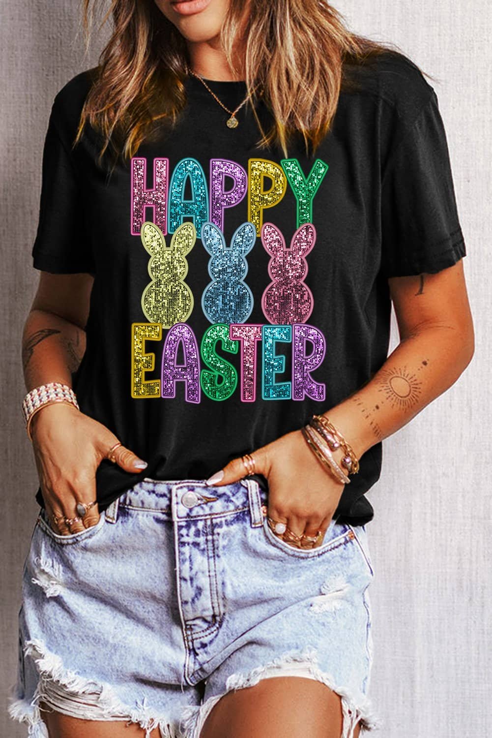 Black Glittering Bunny Happy Easter Graphic T Shirt