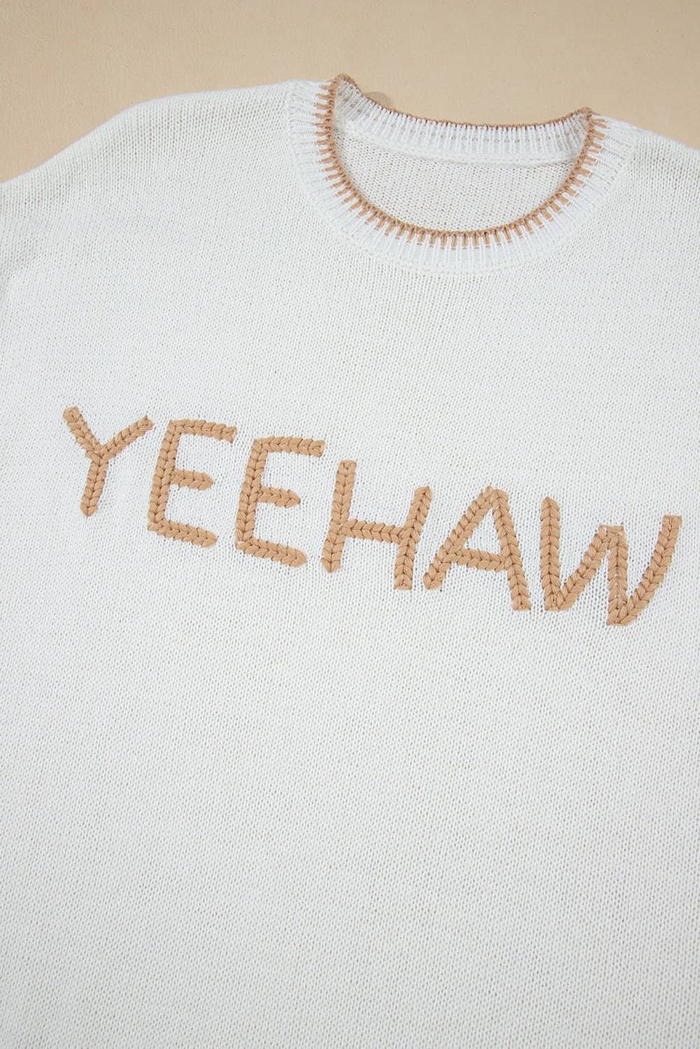 White Knitted Yeehaw Stitch Edge Crew Neck Sweater T Shirt