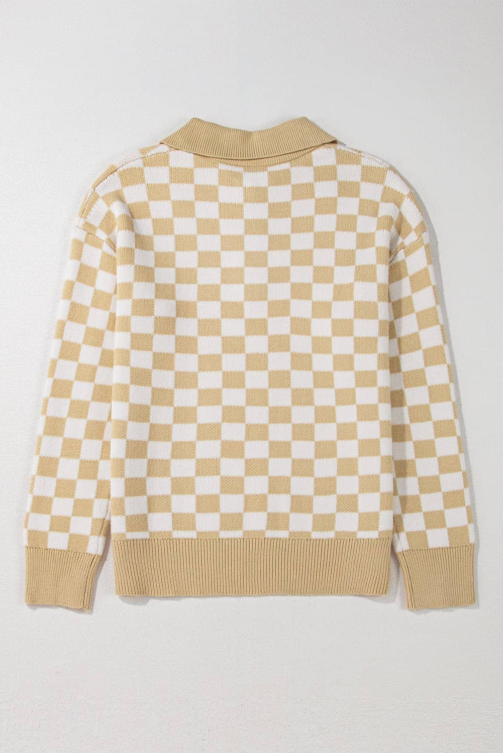 Apricot Checkered Buttons Collar V Neck Drop Shoulder Sweater