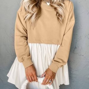 Apricot Color Block Patchwork Ruffled Plus Size Mini Dress