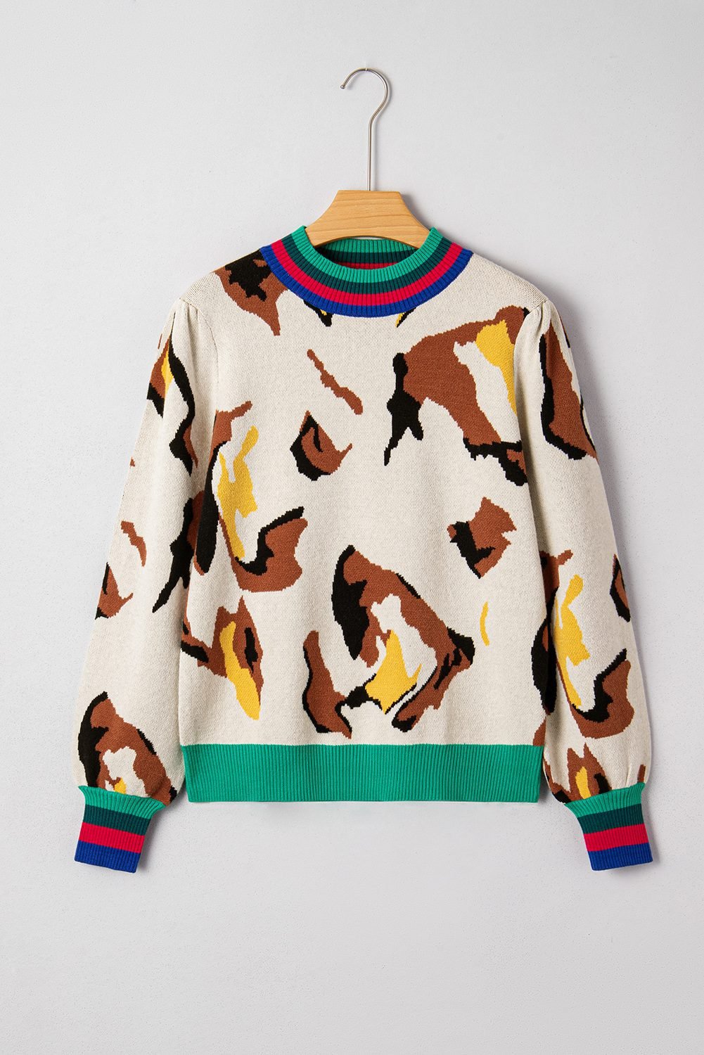 Apricot Contrast Ribbed Stripes Detail Animal Pattern Knit Sweater