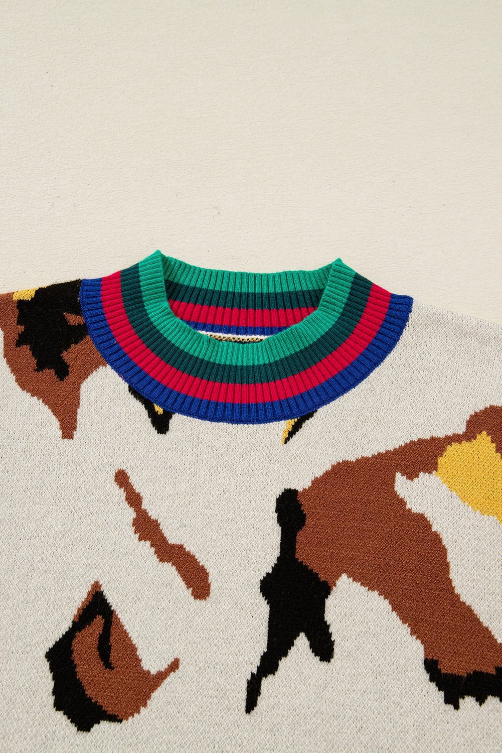 Apricot Contrast Ribbed Stripes Detail Animal Pattern Knit Sweater