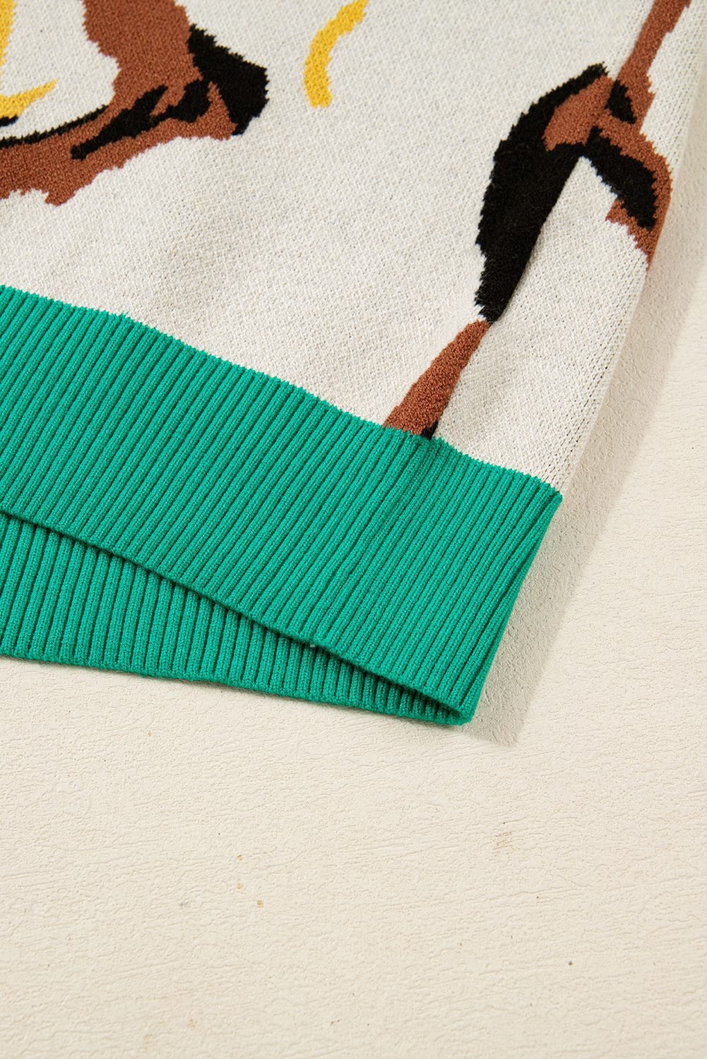 Apricot Contrast Ribbed Stripes Detail Animal Pattern Knit Sweater