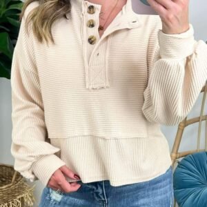 Apricot Corded Texture Lantern Sleeve Buttons Henley Sweatsuit