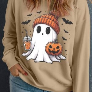 Apricot Cute Ghost Pumpkin Printed Plus Size Halloween Sweatshirt