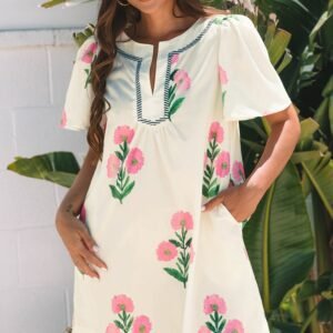 Apricot Floral Short Sleeve Split Neck Loose Mini Dress