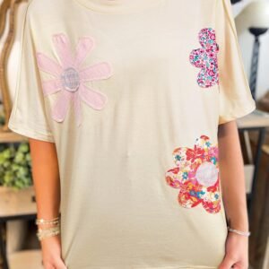 Apricot Flower Patched Exposed Stitching Trim Crew Neck Loose Tee