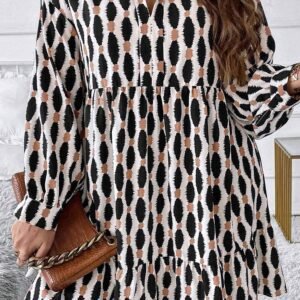 Apricot Geometric Print Collared V Neck Plus Size Mini Dress