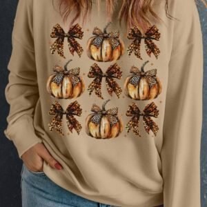 Apricot Halloween Leopard Pumpkin Bow Knot Print Plus Size Sweatshirt