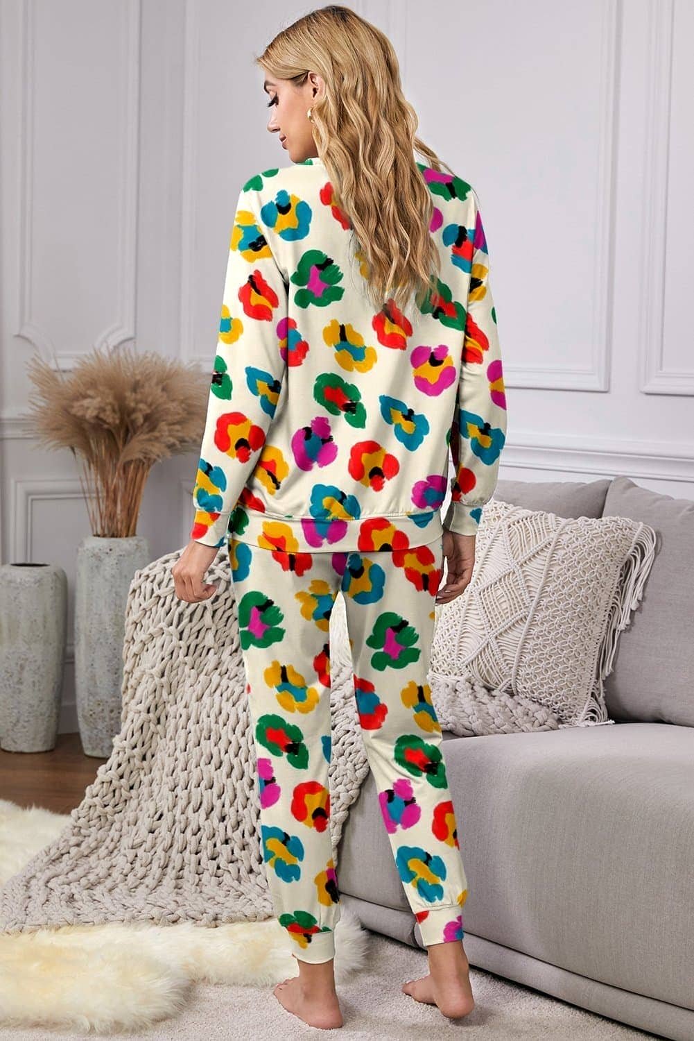 Apricot Leopard Print Long Sleeve Top And Skinny Pants Lounge Set