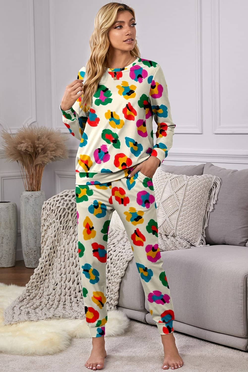 Apricot Leopard Print Long Sleeve Top And Skinny Pants Lounge Set