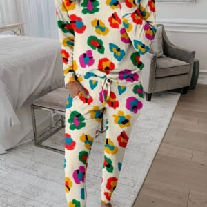 Apricot Leopard Print Long Sleeve Top And Skinny Pants Lounge Set