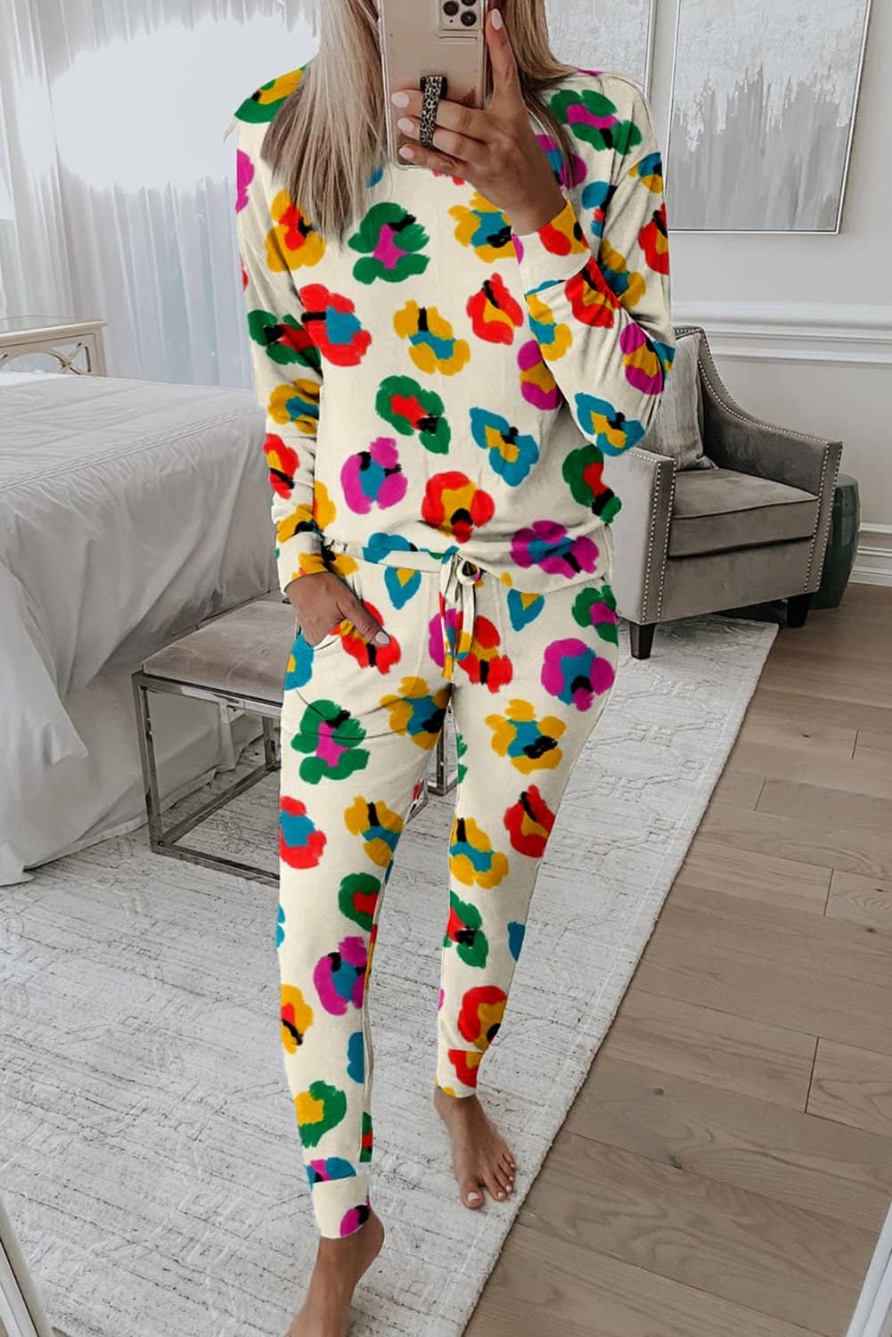 Apricot Leopard Print Long Sleeve Top And Skinny Pants Lounge Set