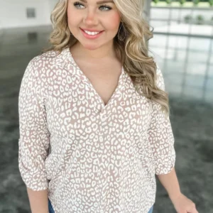 Apricot Leopard Tab Sleeve V Neck Plus Size Top