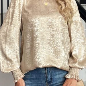 Apricot Metallic Round Neck Smocked Long Sleeve Blouse
