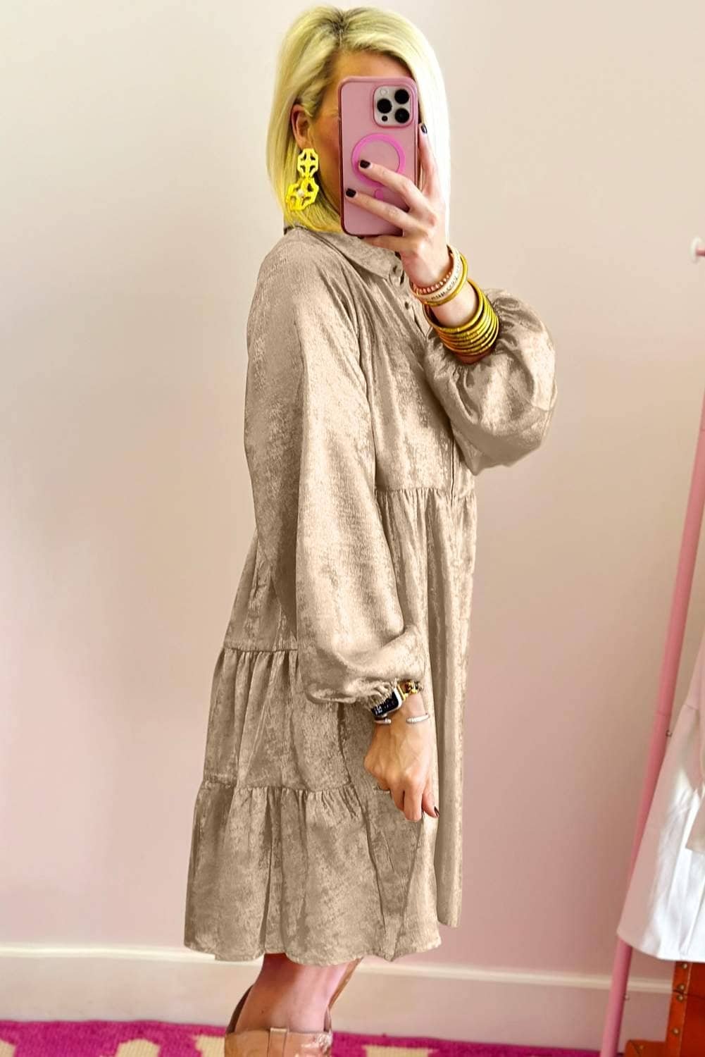 Apricot Metallic Sheen Puff Sleeve Button Up Mini Shirt Dress