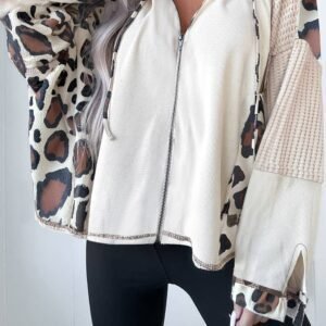 Apricot Oversized Leopard Contrast Mixed Texture Patchwork Zip Up Drop Shoulder Hoodie