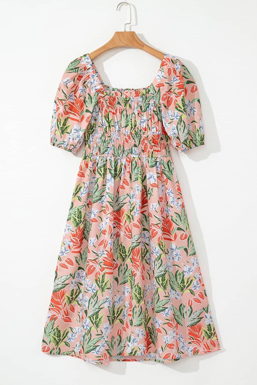 Apricot Pink Floral Smocked Bust Bubble Short Sleeve Maxi Dress