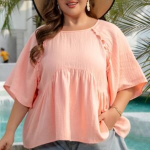 Apricot Pink Plus Size Textured Wide Short Sleeve Babydoll Blouse
