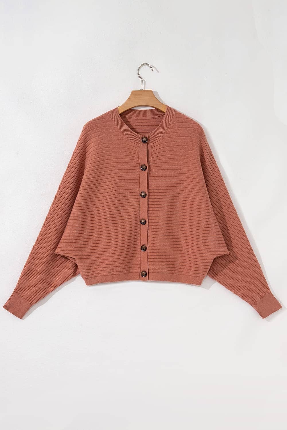 Apricot Pink Wide Rib Knit Button Front Dolman Sleeve Sweater Cardigan