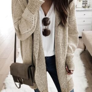 Apricot Plaid Knitted Long Open Front Cardigan
