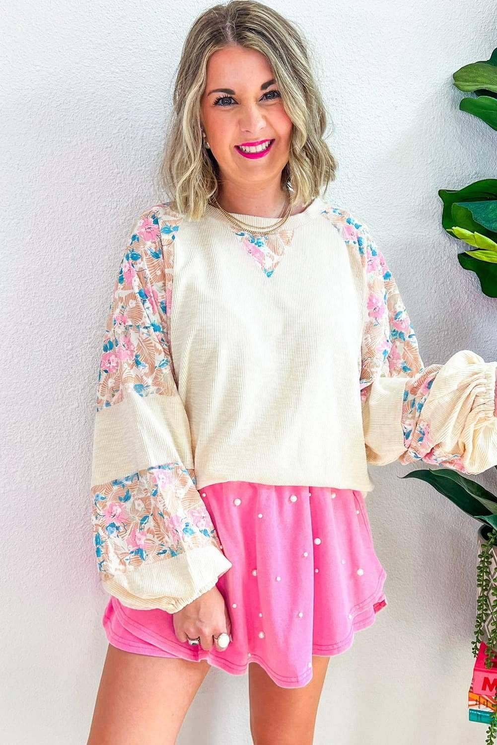 Apricot Plus Size Floral Patchwork Ribbed Puff Sleeve Top