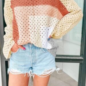 Apricot Pointelle Knit Colorblock Baggy Sweater