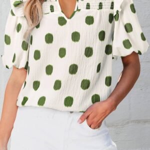Apricot Polka Dot Print Shirred Yoke Notched Neck Balloon Sleeve Blouse