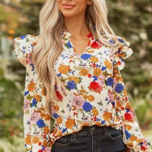 Apricot Ruffled Shoulder Long Sleeve Floral Blouse