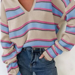 Apricot Stripe Collared V Neck Drop Shoulder Loose Sweater