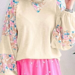 Apricot Textured Floral Patchwork Balloon Sleeve Blouse