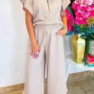 Apricot Textured Ruffled Sleeve Zipped Top And Wide Leg Pants Set