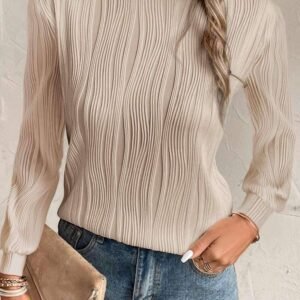 Apricot Textured Wavy Round Neck Long Sleeve Top