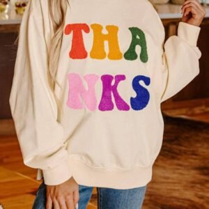 Apricot Thanks Chenille Embroidered Drop Shoulder Graphic Sweatshirt