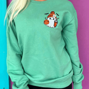 Aruba Blue Cute Halloween Ghost Embroidered Casual Sweatshirt