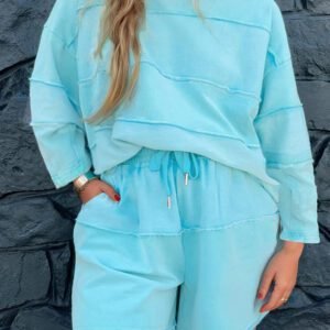 Aruba Blue Plus Size Solid Color Splicing Raw Hem Pullover Top Shorts Set