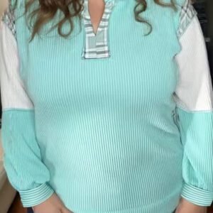 Aruba Blue Twist Ribbed Color Block Plaid Patchwork Plus Size Long Sleeve Top